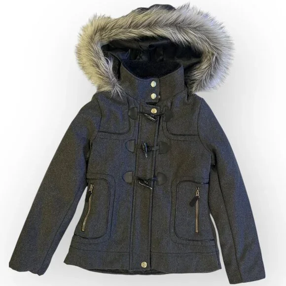 London Fog Jacket Faux Fur Hood Gray Coat Alpine Swiss Parka Size Girls Large 14 - Picture 3 of 16